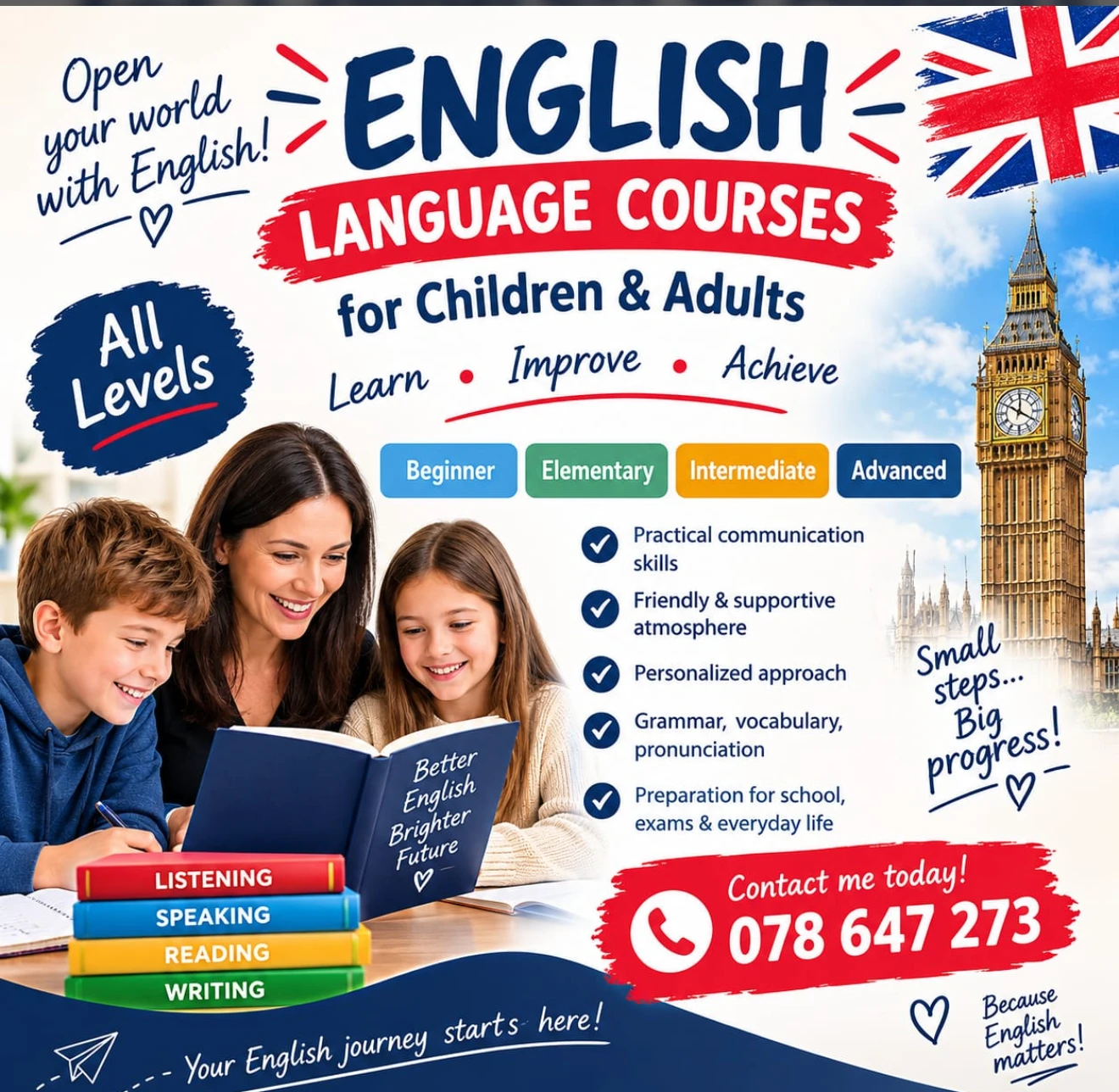 English language courses in Gostivar and Tetovo — teacher reading with two children